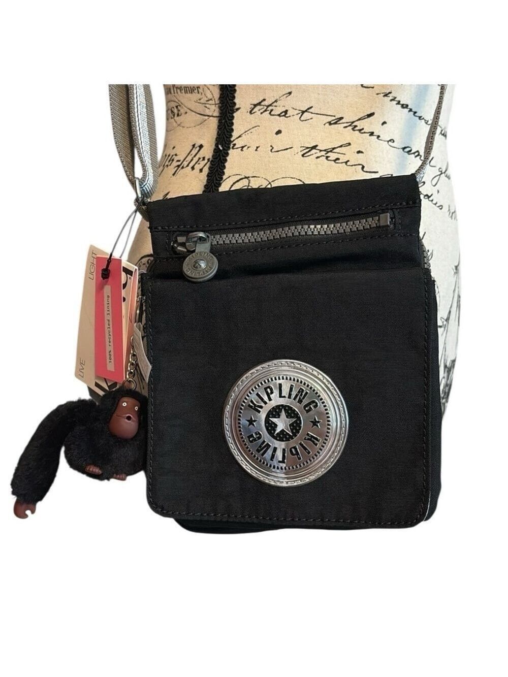 Kipling Crossbody Bag Silver Stripe Strap Multi Pocket Monkey Keychain Black New - Picture 5 of 9